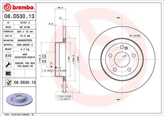 BREMBO FREN DISKI ARKA MERCEDES C-CLASS W205 S205 C205 A205 OEM: A0004230512 - BREMBO 08D53013 kodlu oto yedek parça görseli