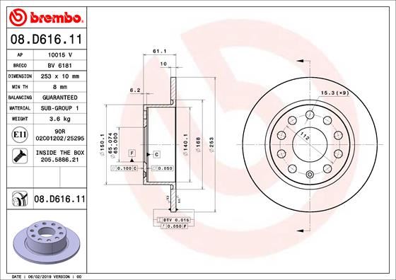 BREMBO FREN DİSKİ ARKA SKODA OCTAVIA III 12 20 253x10x61.4 OEM: 5Q0615601C - BREMBO 08D61611 kodlu oto yedek parça görseli