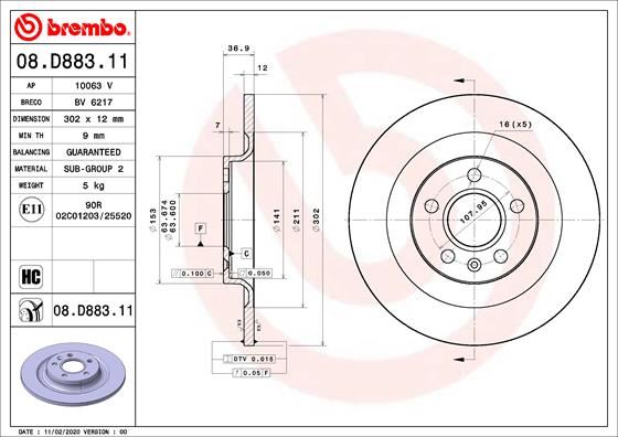 BREMBO ARKA FREN DİSKİ VOLVO XC40 536 2017 2021 CAP 302X 5 BIJON 16 İNÇ 31471477 OEM: 31471477 - BREMBO 08D88311 kodlu oto yedek parça görseli