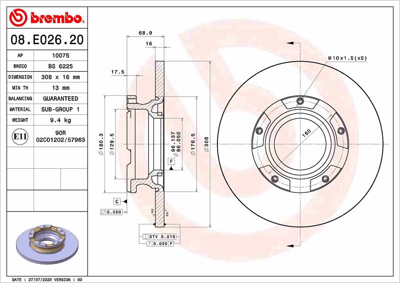 BREMBO ARKA FREN DISK AYNASI TRANSIT CUSTOM V362 12 ABS LI O.CEKER CAP 308 16 BK212A097EA-2012584-2040064 OEM: BK212A097EA-2012584-2040064 - BREMBO 08E02620 kodlu oto yedek parça görseli
