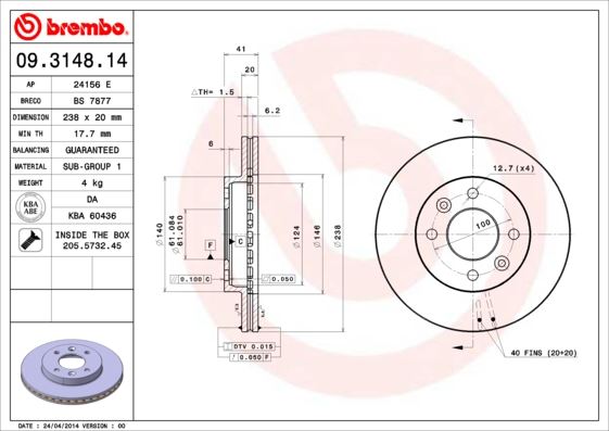 BREMBO ÖN FREN AYNASI KÜÇÜK RENAULT R9-R11-R19-R21 CLIO I 91 96 CLIO II 98 CLIO SYMBOL 00 09 KANGOO 97 MEGANE I 96 SYMBOL II 08 238x20.1 HAVALI 4 DELİK 7700756572-7701204286 OEM: 7700756572-7701204286 - BREMBO 09314814 kodlu oto yedek parça görseli