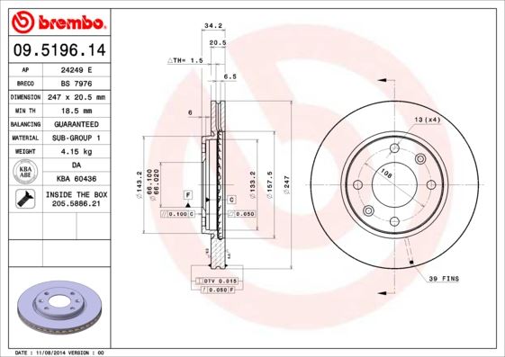 BREMBO ÖN FREN AYNASI P106 I-II 91-02 206 98 306 93-01 SAXO 96-03 XSARA 97-00 247.5x20.4x4DLxHAVALI 4246.A7-4246.94-4249.96-95661747 OEM: 4246.A7-4246.94-4249.96-95661747 - BREMBO 09519614 kodlu oto yedek parça görseli