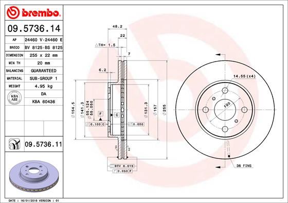 BREMBO FREN DISKI ON HAVALI 255-4 - TOYOTA COROLLA 93 02 1.6-1.3 AE100-AE101 INJ. AE111 4351212550 OEM: 4351212550 - BREMBO 09573614 kodlu oto yedek parça görseli