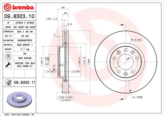 BREMBO ÖN FREN AYNASI 407 1.6HDI 1.8-2.016V-2.0HDI 04 607 2.0 00 508 10 283x26x5DLxHAVALI 4246.P7-4246.V4-4249.L3 OEM: 4246.P7-4246.V4-4249.L3 - BREMBO 09830310 kodlu oto yedek parça görseli