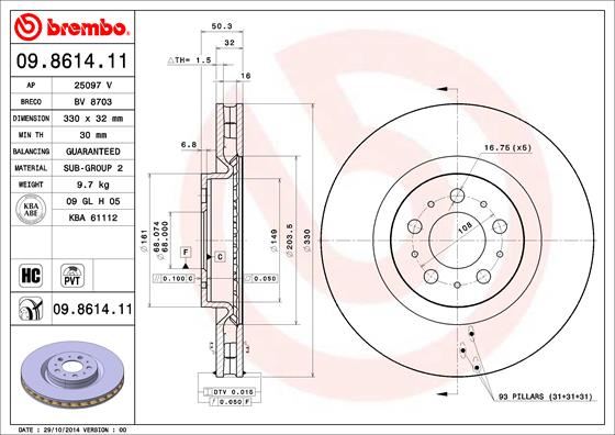 BREMBO ÖN FREN AYNASI VOLVO S60 2.5T AWD 384 2003-2010 V70 II 284 2003-2007 330X5DL OEM: 30645222-8672112 - BREMBO 09861411 kodlu oto yedek parça görseli