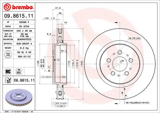BREMBO ARKA DISK AYNA VOLVO S60 I 03 10 V70 II 03 10 OEM: 30645223-8672113 - BREMBO 09861511 kodlu oto yedek parça görseli