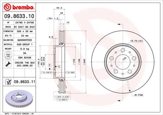 BREMBO ÖN FREN AYNASI VOLVO S60 00-10 S80 98-06 V70 97-07 XC70 00-07 285x5DL KÜÇÜK TİP 272403-31262706 OEM: 272403-31262706 - BREMBO 09863311 kodlu oto yedek parça görseli