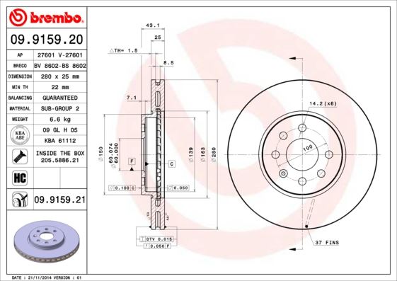 BREMBO ÖN FREN AYNASI ASTRA H 1.4-1.6 04 MERIVA 1.6 03 COMBO 1.3 CDTİ 4.05 280x25x4DLxHAVALI 569067-95526653-95526654-93197712 569007-569006-93181113-93175376 OEM: 569007-569006-93181113-93175376 - BREMBO 09915920 kodlu oto yedek parça görseli