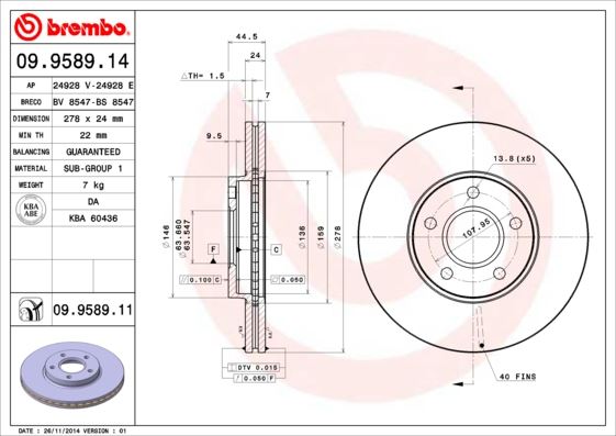 BREMBO ON FREN DISK AYNASI CONNECT 1.8TDCI 02 13 ABS LI 278x24x5DL HAVALI 2T141125CC-1361298-1361300 OEM: 2T141125CC-1361298-1361300 - BREMBO 09958914 kodlu oto yedek parça görseli