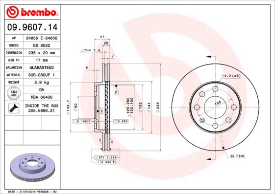 BREMBO ÖN FREN AYNASI CORSA B-ASTRA F-VECTRA A-ASCONA C-COMBO B 94-01 AVEO-KALOS 03 246x19.9x4DLxHAVALI 90511111-93182291-93281952 569014-569031-569054-90008006 OEM: 569014-569031-569054-90008006 - BREMBO 09960714 kodlu oto yedek parça görseli