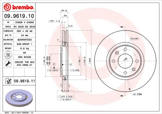 BREMBO ÖN FREN AYNASI CORSA F-CROSLAND X-MOKKA E-PARTNER-BERLINGO-307-207-208-2008-1007-308-C3-C3 AIRCROSS- C4-C5-XSARA-DS3 283x26x4DLxHAVALI 4249.84-4249.18 3557911-4249.J6-4246.W8-4246.W2 OEM: 3557911-4249.J6-4246.W8-4246.W2 - BREMBO 09961910 kodlu oto yedek parça görseli