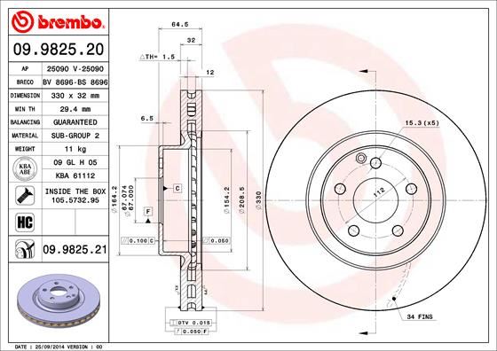 BREMBO FREN DISKI ON MERCEDES C219 W211 S211 X204 A2044212912 OEM: A2044212912 - BREMBO 09982521 kodlu oto yedek parça görseli