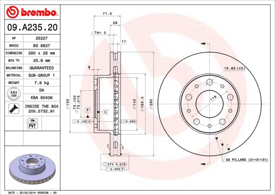 BREMBO ÖN FREN DİSKİ BOXER III JUMPER III DUCATO III 06 15 JANT KUCUK 280x28x5DL HAVALI OEM: 4249.K2-1612435180-51957507 - BREMBO 09A23520 kodlu oto yedek parça görseli