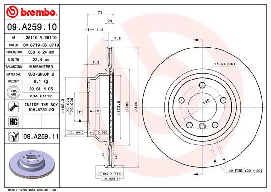 BREMBO FREN DISKI ON BMW E82 E87 E88 E90 E92 E93 E84 34116854999 OEM: 34116854999 - BREMBO 09A25911 kodlu oto yedek parça görseli