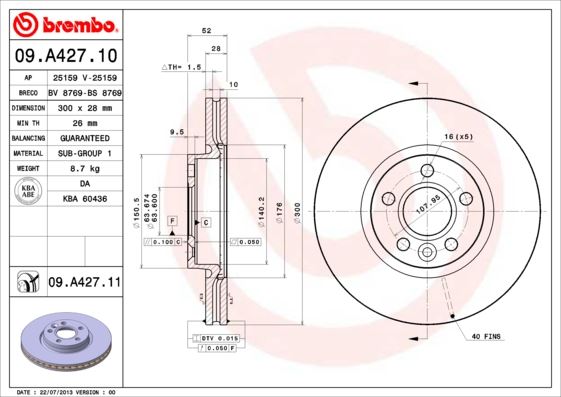BREMBO ON FREN DISK AYNASI MONDEO IV S MAX GALAXY 07 11 FREELANDER 2 06-14 EVOQUE 12-18 VOLVO S60 II 10 S80 II V70 III XC70 II 06 300cm CAP OEM: 7G911125EA-7G911125BA-7G911125AA - BREMBO 09A42711 kodlu oto yedek parça görseli