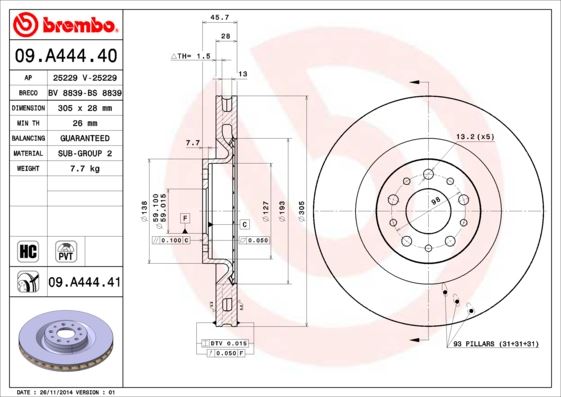 BREMBO ÖN FREN AYNASI FIAT 500 L 13 DOBLO 10 OPEL COMBO 12 305x28x45.8 HAVALI 5 DELİK 51854567-51897455-51914663 OEM: 51854567-51897455-51914663 - BREMBO 09A44440 kodlu oto yedek parça görseli