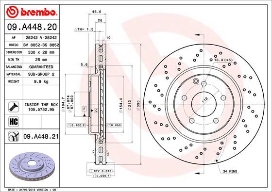BREMBO FREN DISKI ON MERCEDES W203 CL203 S203 C209 A209 R171 AMG SPOR TIP A2034211312 OEM: A2034211312 - BREMBO 09A44821 kodlu oto yedek parça görseli