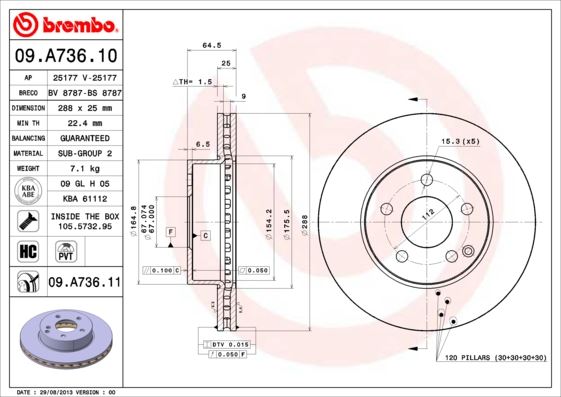 BREMBO FREN DISKI ON MERCEDES C-CLASS W204 S204 C204 A0004211912 OEM: A0004211912 - BREMBO 09A73610 kodlu oto yedek parça görseli