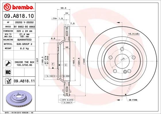BREMBO FREN DISKI ARKA MERCEDES AMG W221 C216 W222 R230 A2214231012 OEM: A2214231012 - BREMBO 09A81811 kodlu oto yedek parça görseli