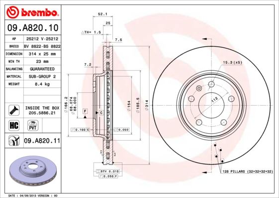 BREMBO ÖN FREN AYNASI HAVALI A4 8EC 2.0 TDI 06- A4 8K2 A4 AVANT 8K5 1.8 TFSI/1.8 TFSI QUATTRO/2.0 TFSI/2.0 986479467-DF4866S 8K0615301 OEM: 8K0615301 - BREMBO 09A82010 kodlu oto yedek parça görseli