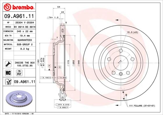 BREMBO FREN DISKI ARKA 4-matic MERCEDES W166 X166 C292 A1664230212 OEM: A1664230212 - BREMBO 09A96111 kodlu oto yedek parça görseli
