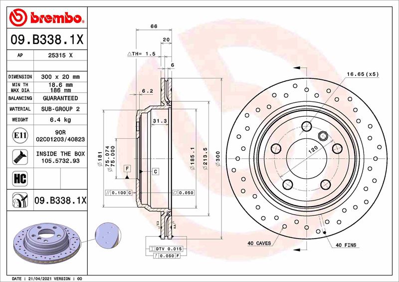 BREMBO FREN DISKI ARKA BMW F30 F32 F34 F36 DELİKLİ 34216864900 OEM: 34216864900 - BREMBO 09B3381X kodlu oto yedek parça görseli