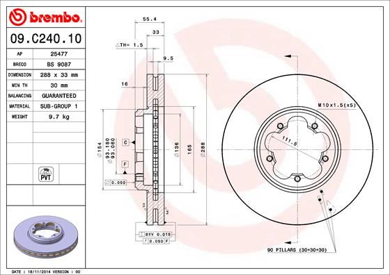 BREMBO ON FREN DISKI AYNASI TRANSIT CUSTOM V362-V363 12 ARKA TEK TEKER CAP 288 33 BK211125B1D-BK211125BD-2110010 OEM: BK211125B1D-BK211125BD-2110010 - BREMBO 09C24010 kodlu oto yedek parça görseli