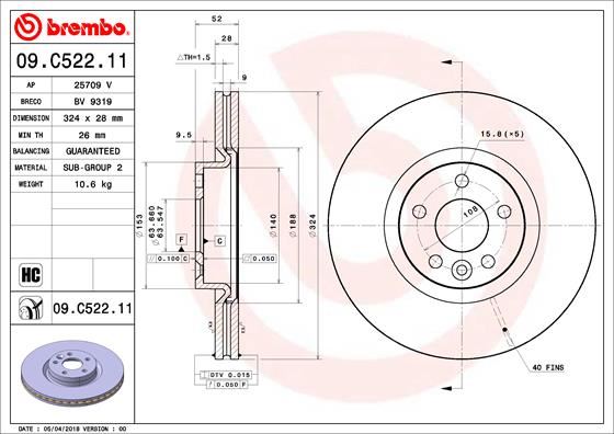 BREMBO ÖN FREN AYNASI ADET VOLVO XC60 D3 D4 D5 2.4D 2.0T 3.2 T5 T6 2008 2017 CAP 324X5 BJN DELİKLİ 31423214-31423305 OEM: 31423214-31423305 - BREMBO 09C52211 kodlu oto yedek parça görseli