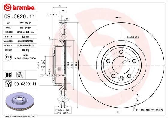 BREMBO FREN DISKI ON DEFENDER L663 DISCOVERY 5 L462 R.R 4 VOGUE L405 R.R SPORT 2 L494 LR098968-LR161894 OEM: LR098968-LR161894 - BREMBO 09C82011 kodlu oto yedek parça görseli