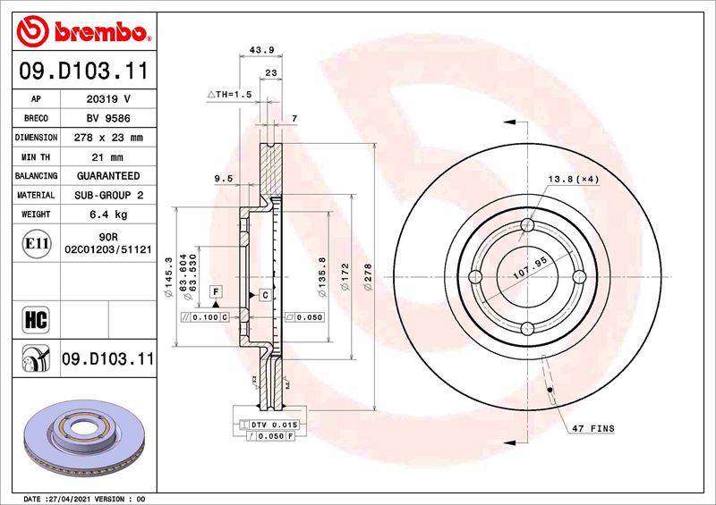 BREMBO ON FREN DISK FIESTA VI 18 2272661-K1BC-1125-AB OEM: 2272661-K1BC-1125-AB - BREMBO 09D10311 kodlu oto yedek parça görseli
