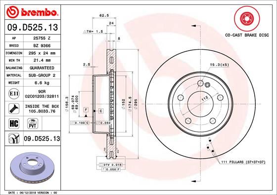 BREMBO FREN DISKI ON MERCEDES C-CLASS W205 S205 C205 A205 A0004212412 OEM: A0004212412 - BREMBO 09D52513 kodlu oto yedek parça görseli