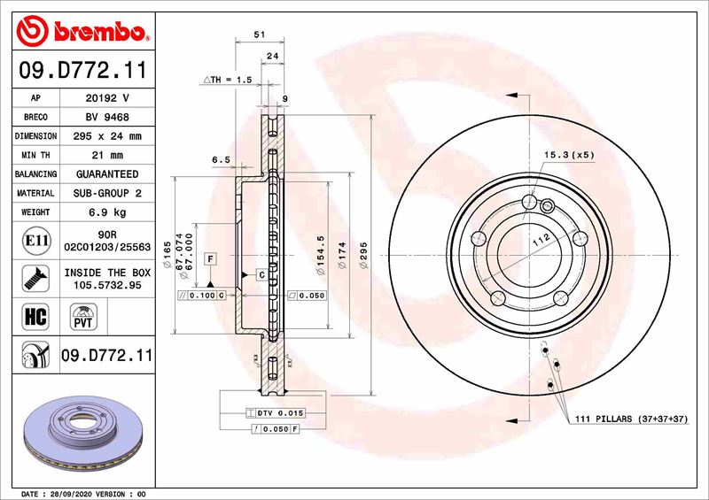 BREMBO FREN DISKI ON MERCEDES W177 W247 C118 A2474210312 OEM: A2474210312 - BREMBO 09D77211 kodlu oto yedek parça görseli