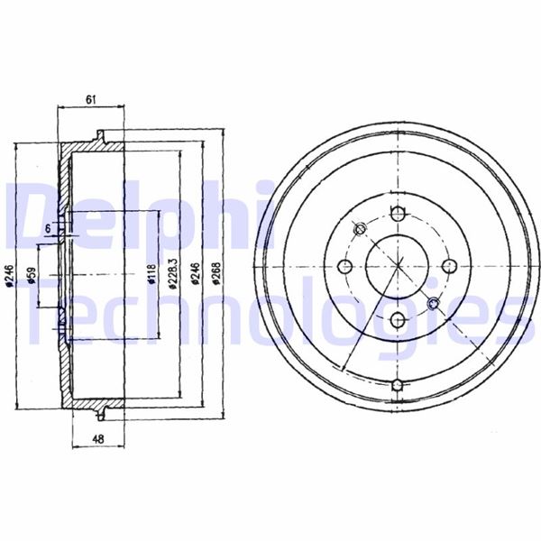 DELPHI ARKA FREN KAMPANASI FIAT ALBEA 00 DOBLO 01 FIORINO 09 LINEA 09 MAREA 00 TEMPRA 92 96 TIPO 90 95 UNO 98 06 PEUGEOT BIPPER 08 CITROEN NEMO 08 228.2 mm 4 Delik 60814839-7769850-4247.55-52015299 OEM: 60814839-7769850-4247.55-52015299 - DELPHI BF379 kodlu oto yedek parça görseli