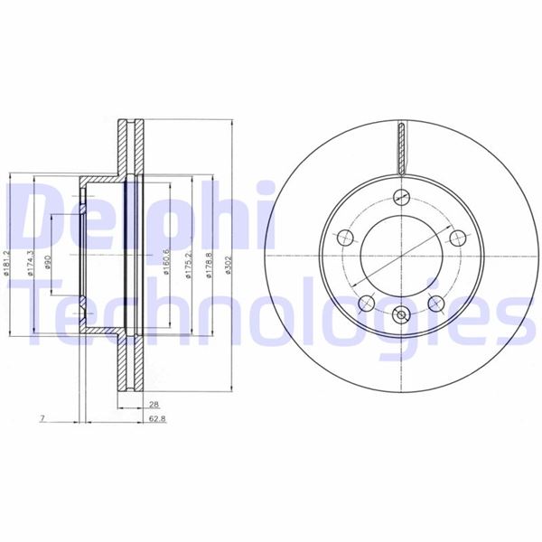 DELPHI ÖN FREN AYNASI RENAULT MASTER III 10 MASTER IV 20 OPEL MOVANO B 10 2.3dCi 302x28x5 5 DELİK HAVALI OEM: 8200688880-93197403 - DELPHI BG4328 kodlu oto yedek parça görseli