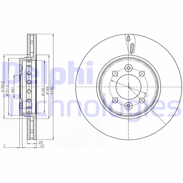 DELPHI ÖN FREN AYNASI DİSKİ RENAULT CLIO II 98 CLIO III 05 CLIO V 19 MEGANE I 96 MEGANE II 02 SCENIC I 96 SCENIC II 02 CAPTUR 13 DACIA DOKKER 12 LODGY 12 280x24x4 DELİK HAVALI ÇİZGİLİ OEM: 402068053R-7701205230-7701207829 - DELPHI BG4536C kodlu oto yedek parça görseli