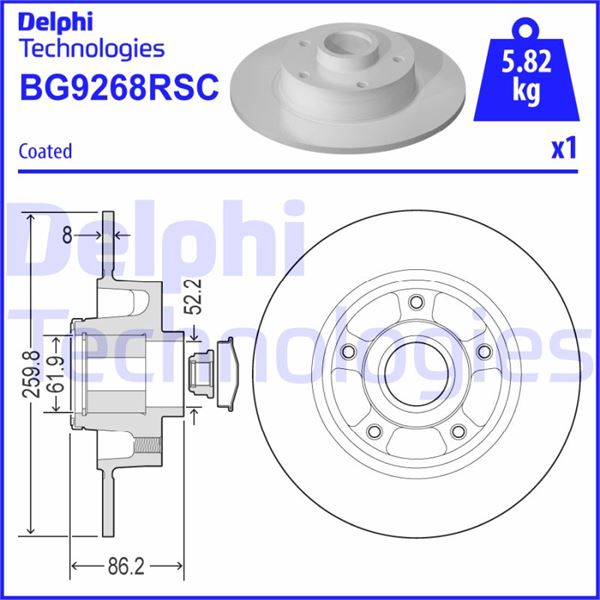 DELPHI ARKA FREN DİSKİ RENAULT MEGANE IV 15 DIŞ CAP: 260 MM K:86 MM 5 DELİK ABS SENSÖRLÜ RULMANLI OEM: 432027412R-432000185R-432006609R - DELPHI BG9268RSC kodlu oto yedek parça görseli