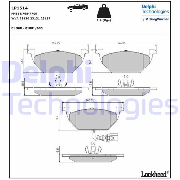 DELPHI ÖN BALATA FİŞLİ KÜÇÜK GOLF4-GOLF5-JETTA-BORA-POLO-A3-LEON 97 GDB1386 146x54.7x19.8 OEM: 1J0698151G-1K0698151F-6R0698151A - DELPHI LP1514 kodlu oto yedek parça görseli