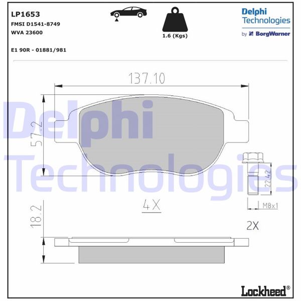 DELPHI ÖN BALATA P207 06 P307 00 DOBLO 01 PARTNER 03 BERLINGO 00 C3 02 C4 04 XSARA 00 OEM: 1647873980-4252.53-1611140980 - DELPHI LP1653 kodlu oto yedek parça görseli