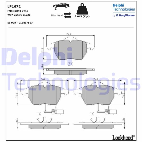 DELPHI ÖN BALATA FİŞLİ BÜYÜK TİP PASSAT-A4-A6 97-04 GDB1307 OEM: 4B0698151E-4B0698151K-4B0698151AB - DELPHI LP1672 kodlu oto yedek parça görseli