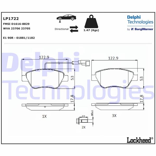 DELPHI ÖN BALATA DOBLO 1.3 06 FIORINO-G.PUNTO-BIPPER-CORSA-NEMO 1.3 06 LINEA 1.3 07 OEM: 77364393-77363942-77364158-77363974 - DELPHI LP1722 kodlu oto yedek parça görseli