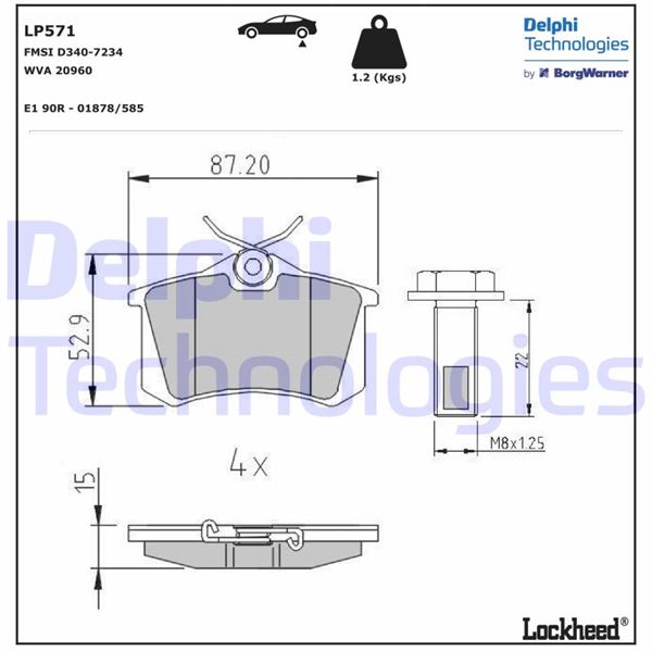 DELPHI ARKA FREN BALATA RENAULT CLIO 05 KANGOO 01 LAGUNA 96 FLUENCE 09 MEGANE 96 CITROEN BERLINGO 99 C2 C3 C4 03 DS4 11 PEUGEOT 307 00 308 07 PARTNER 96 VW POLO CLASSIC 95 01 GOLF III-IV-PASSAT III OEM: 1H0698451F-4250.56-WVA20960 - DELPHI LP571 kodlu oto yedek parça görseli