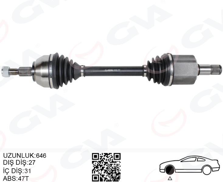 GVA ÖN AKS KOMPLE SOL KUGA I 2.0 TDCI 08>14 POWER. OTOM. 6 VİTESLİ ÇİFT KAVRAMA 4X4 646 MM DİŞ 27 İ Ç DİŞLİ 31 OEM: AV4N3B437AA-1684193 - GVA 4434003 kodlu oto yedek parça görseli