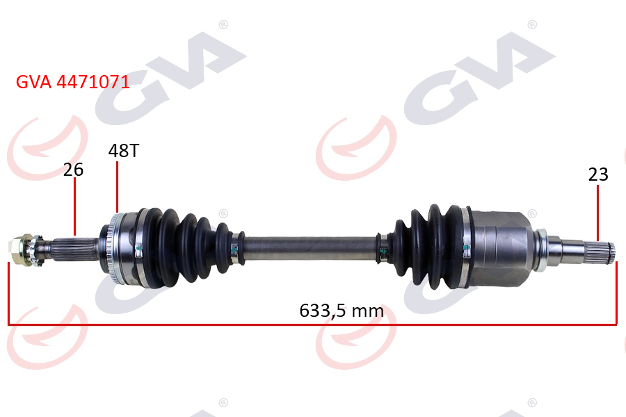 GVA KOMPLE AKS SOL TOYOTA COROLLA 1.4L 1.6L 4ZZ-FE 3ZZ-FE ZZE120 ZZE121 VVTi 02-06 ABS li 26x23 - ABS 48 diş komple boy 633.5mm 4342002270 OEM: 4342002270 - GVA 4471071 kodlu oto yedek parça görseli