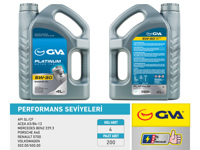 GVA MOTOR YAĞI 5W30 4 LT PLATINUM TAM SENTETİK API SL/CF OEM: 5W30-93165556-7711943761 - GVA 9920122 kodlu oto yedek parça görseli