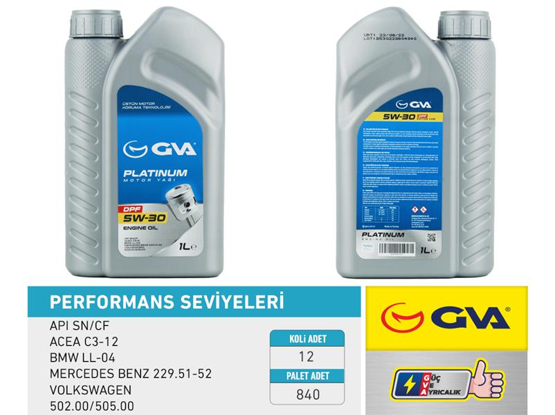 GVA MOTOR YAĞI 5W30 1 LT PLATINUM PARTİKÜLLÜ-DPF TAM SENTETİK API SN/CF OEM: 5W30-93165554-7711943759 - GVA 9920150 kodlu oto yedek parça görseli