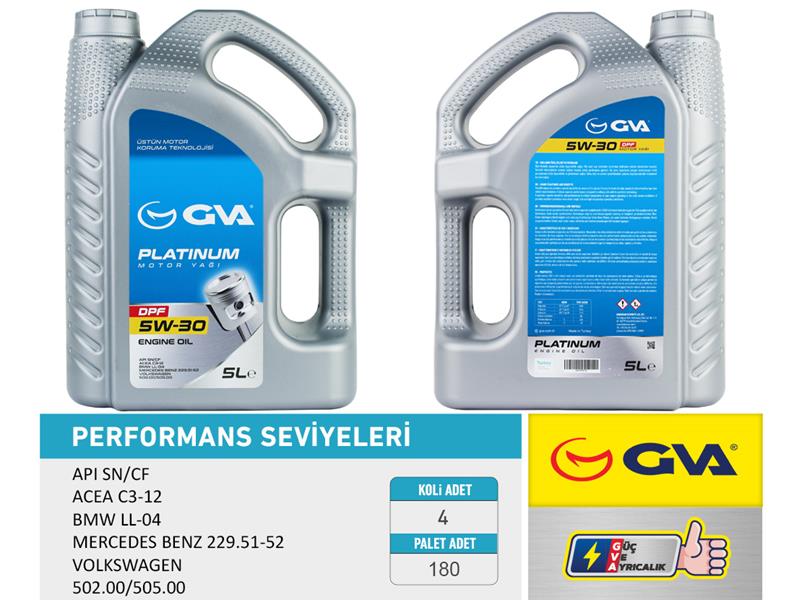 GVA MOTOR YAĞI 5W30 5 LT PLATINUM PARTİKÜLLÜ-DPF TAM SENTETİK API SN/CF OEM: 5W30-93165557 - GVA 9920154 kodlu oto yedek parça görseli