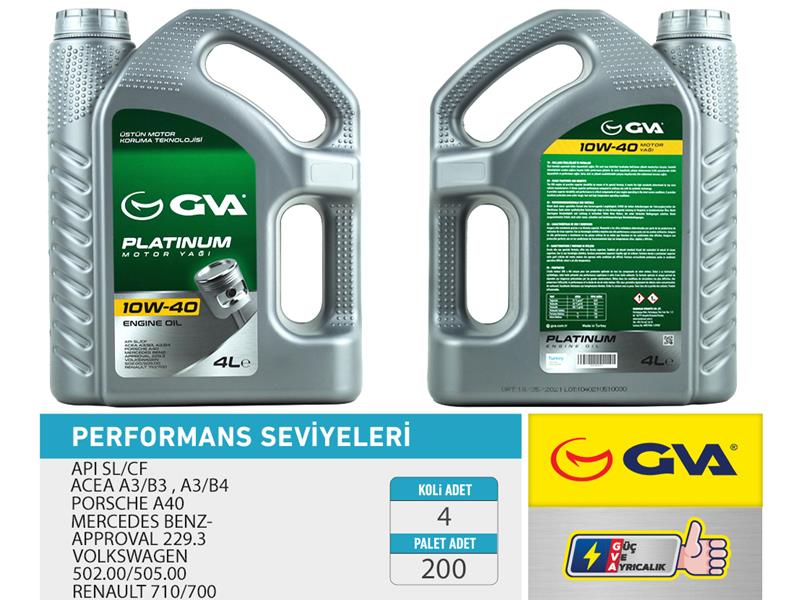 GVA MOTOR YAĞI 10W40 4 LT PLATINUM YARI SENTETİK API SL/CF OEM: 10W40-PO1114961-510000013 - GVA 9920322 kodlu oto yedek parça görseli