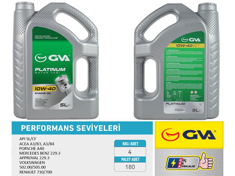GVA MOTOR YAĞI 10W40 5 LT PLATINUM YARI SENTETİK API SL/CF OEM: 10W40-93165216 - GVA 9920324 kodlu oto yedek parça görseli