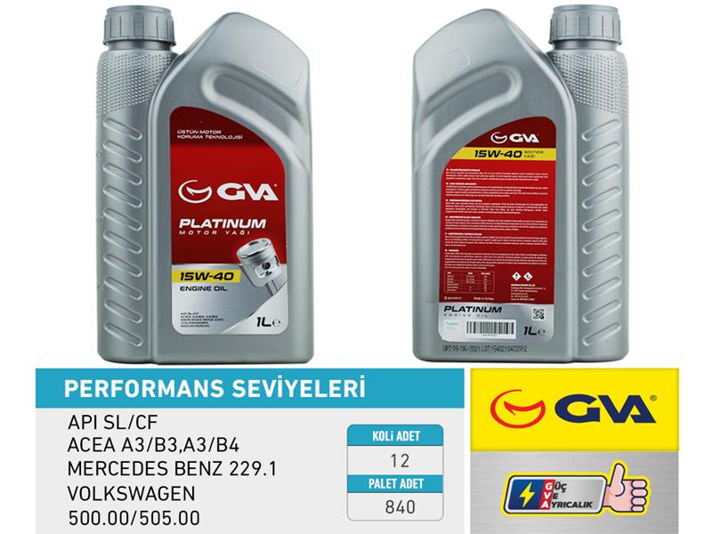 GVA MOTOR YAĞI 15W40 1 LT PLATINUM MİNERAL API SL/CF OEM: 15W40 - GVA 9920421 kodlu oto yedek parça görseli