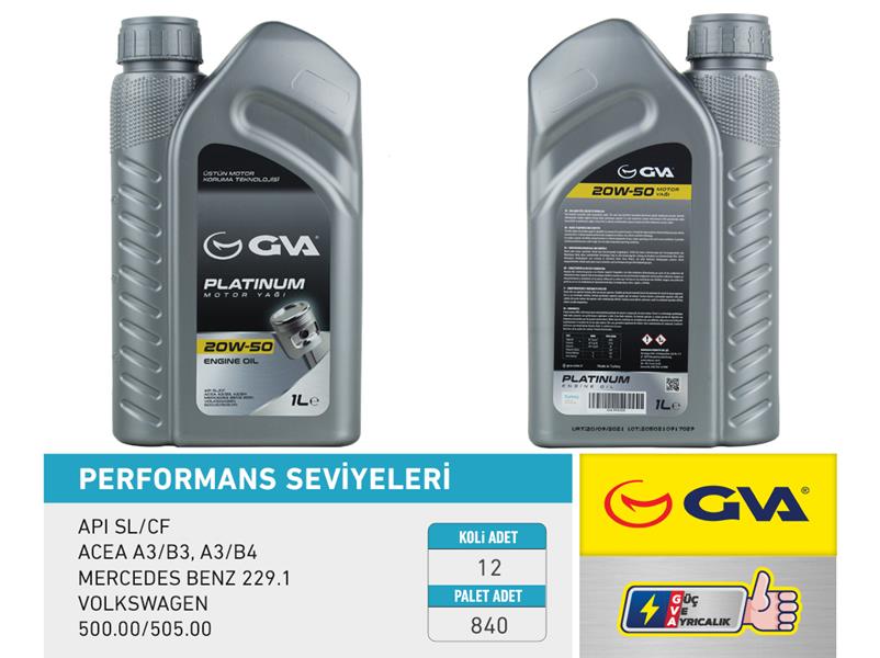 GVA MOTOR YAĞI 20W50 1 LT PLATINUM MİNERAL API SL/CF OEM: 20W50 - GVA 9920520 kodlu oto yedek parça görseli
